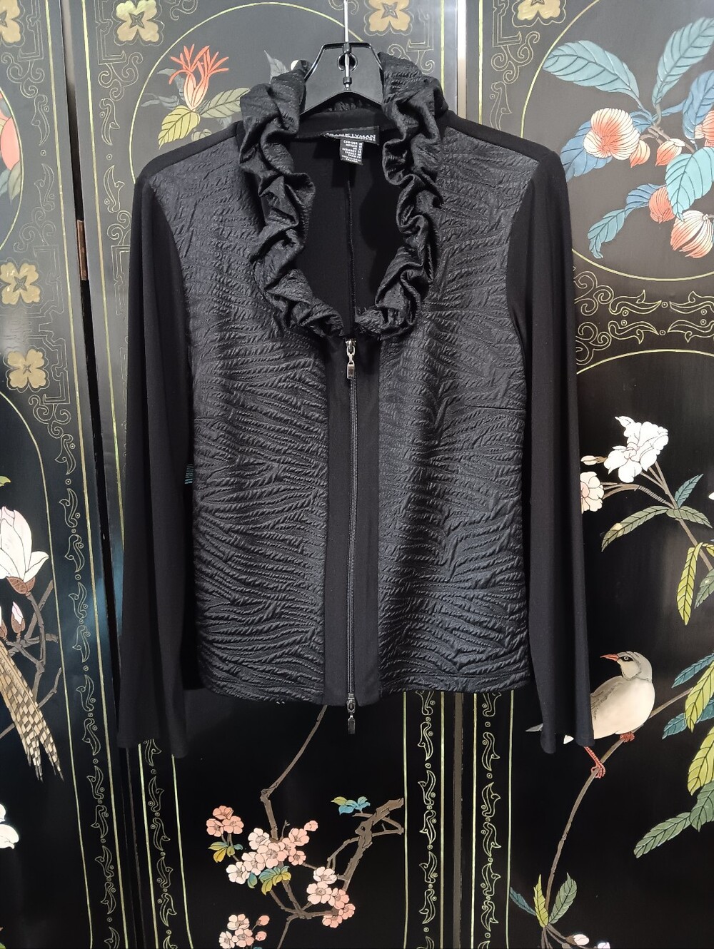 Frank Lyman Black Ruffle Collar Zip Jacket
